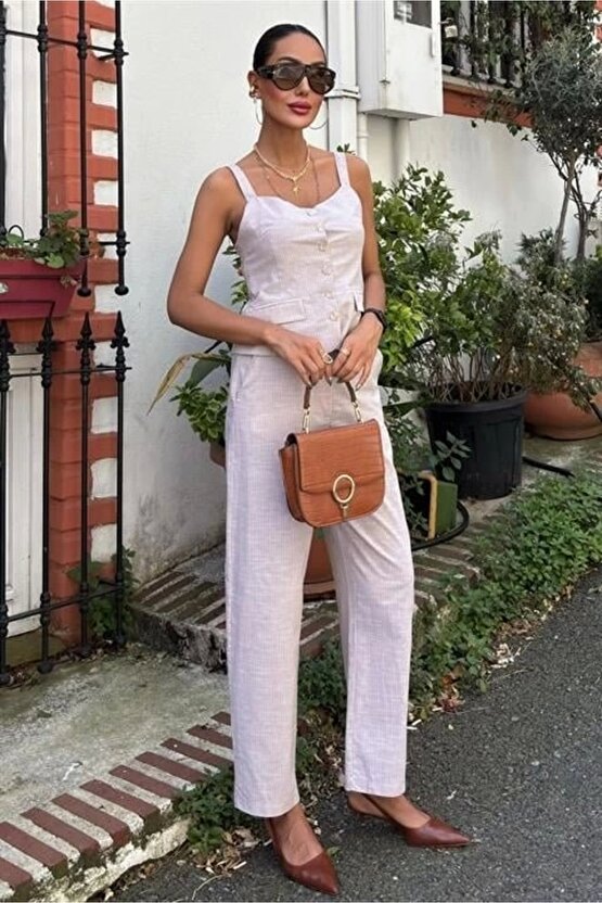 Kalın Askılı Bluz Pantolon Keten Takım 10187