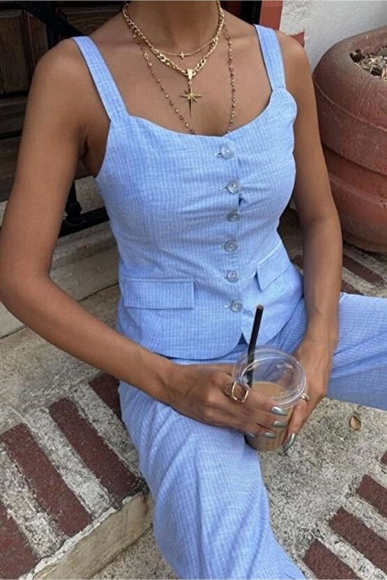 Kalın Askılı Bluz Pantolon Keten Takım 10187