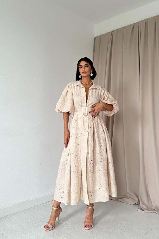 Bej Pileli Balkon Elbise