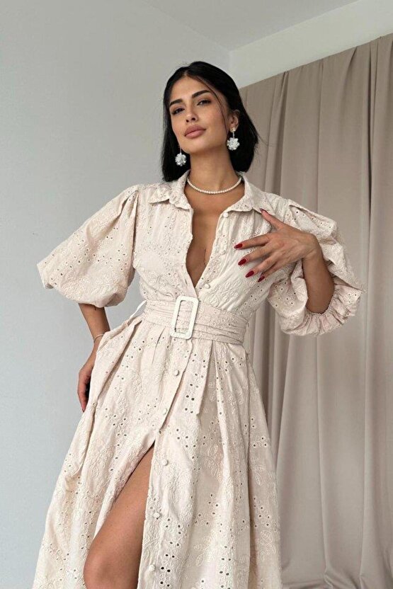 Bej Pileli Balkon Elbise