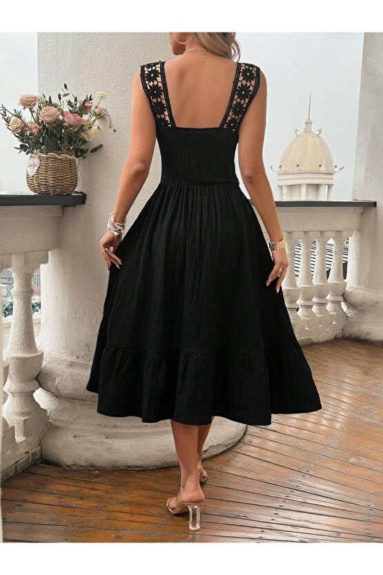 Kadın Askılı Ve Beli Dantel Detaylı Fırfırlı Uzun Bürümcük Elbise