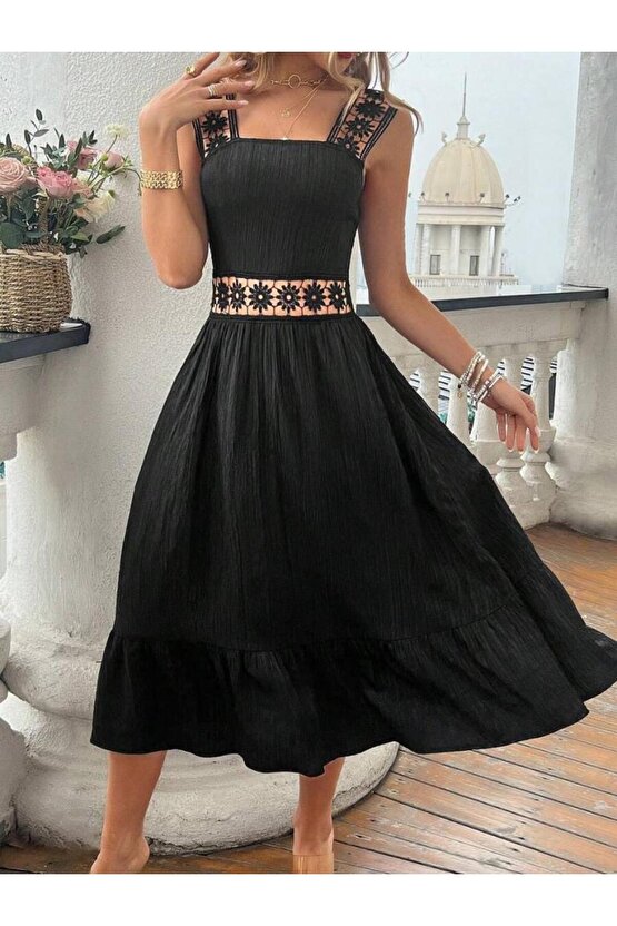 Kadın Askılı Ve Beli Dantel Detaylı Fırfırlı Uzun Bürümcük Elbise