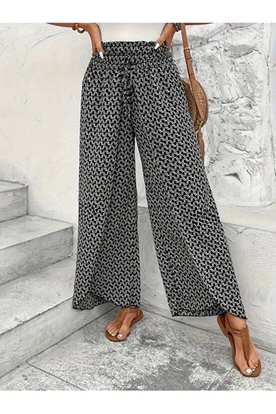 Kadın Yüksek Bel Lastikli önden Iki Parçalı Desenli Bürümcük Pantolon