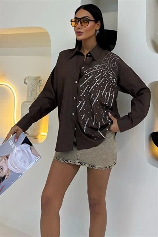 Ay Figürlü Taş İşlemeli Poplin Gömlek 3440