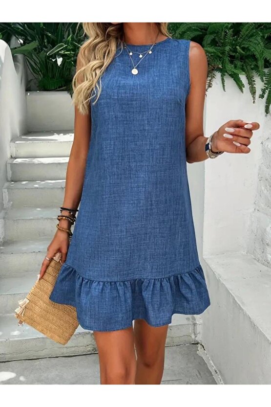 Kadın Kolsuz Bisiklet Yaka Fırfırlı Sofya Elbise