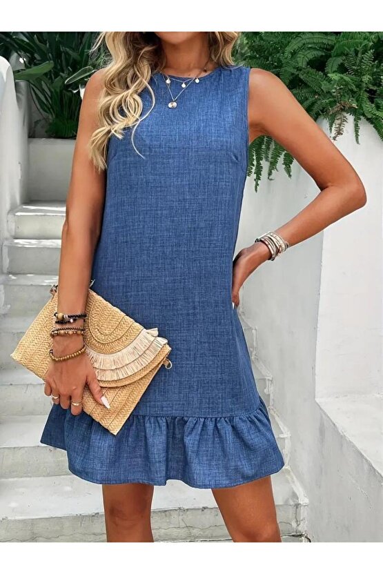 Kadın Kolsuz Bisiklet Yaka Fırfırlı Sofya Elbise