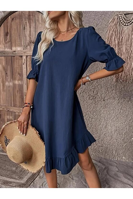 Kadın Kısa Kollu Kol Ve Eteği Volanlı Bisiklet Yaka Aerobin Elbise