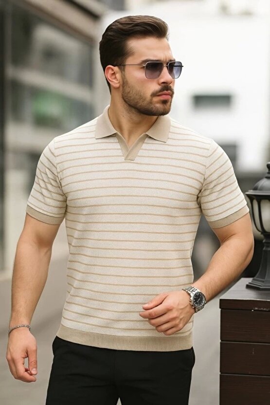 Erkek Kısa Kollu çizgi Desenli örme Kumaş Tshirt