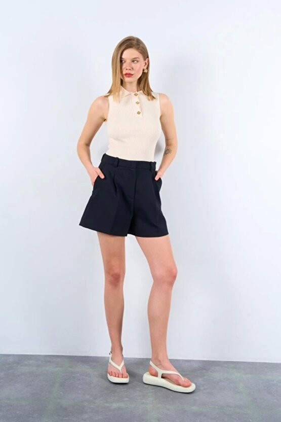 Patlı Düğmeli Triko Atlet - Beyaz Kayısı