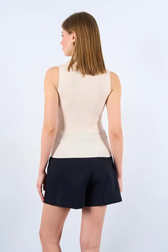 Patlı Düğmeli Triko Atlet - Beyaz Kayısı