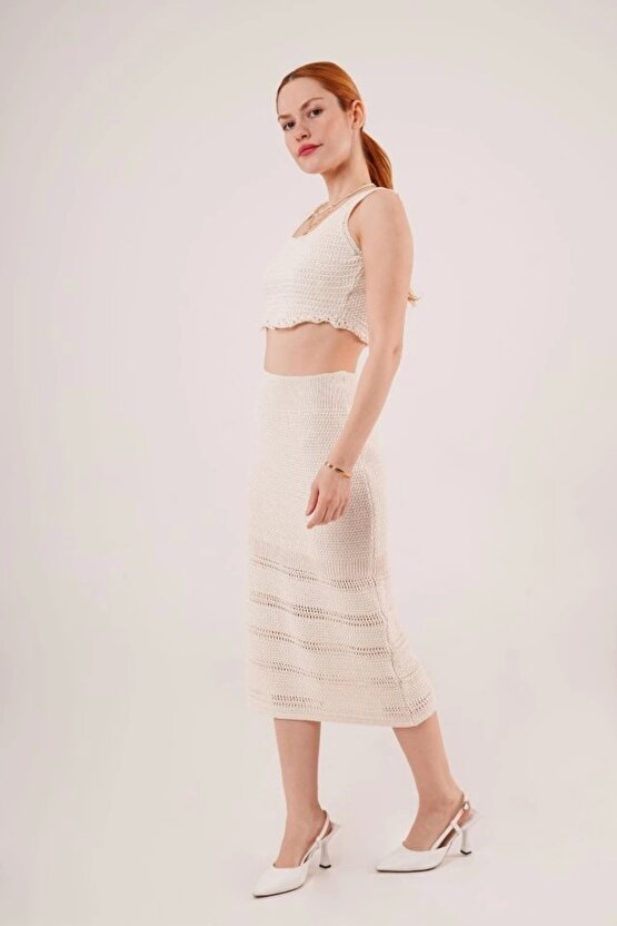 Örme Detaylı Etek Ve Bluz Krem Takım