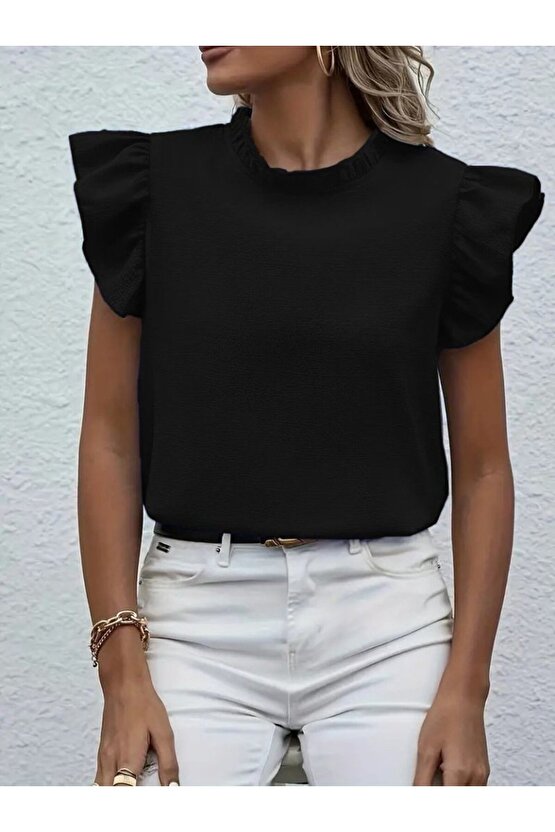 EQURİ Kadın Kısa Kollu Fırfır Yakalı Bürümcük Bluz