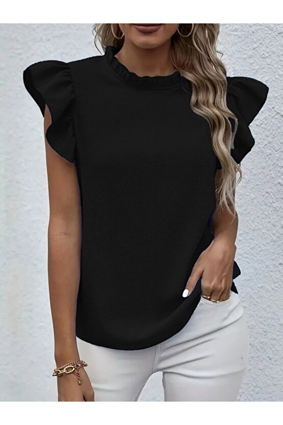 EQURİ Kadın Kısa Kollu Fırfır Yakalı Bürümcük Bluz