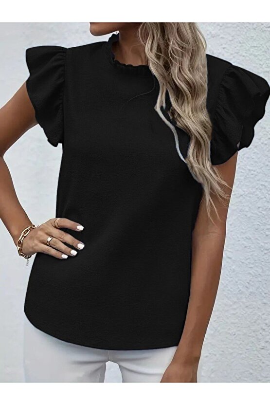 EQURİ Kadın Kısa Kollu Fırfır Yakalı Bürümcük Bluz