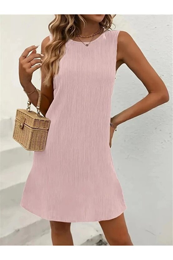 Kadın Sıfır Kollu Bisiklet Yaka Bürümcük Elbise