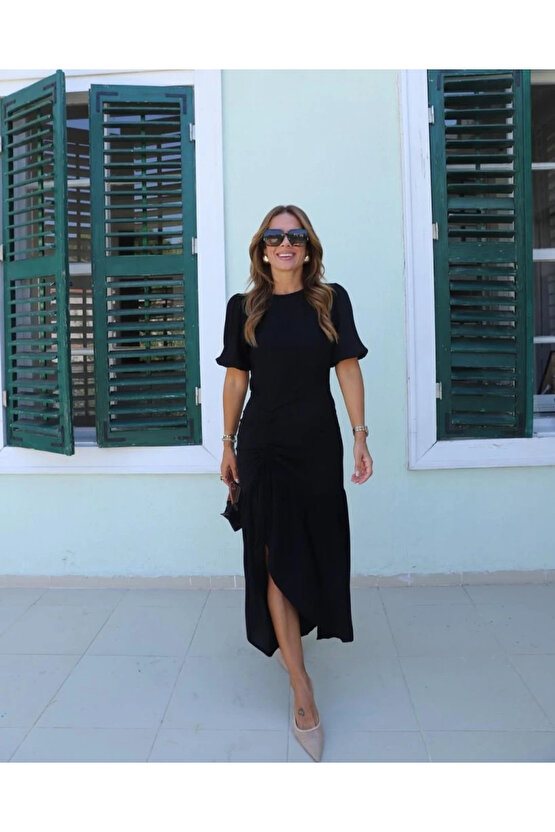 Kadın Kısa Kollu Bisiklet Yakalı Yandan Yırtmaçlı Büzgülü Janjan Krep Elbise