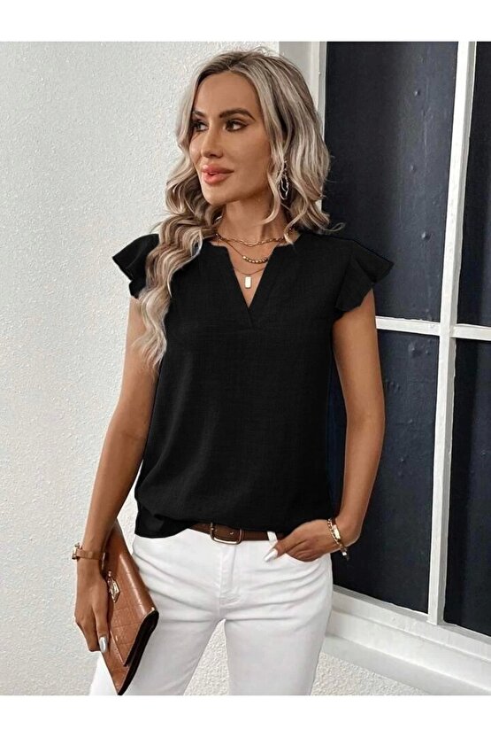 Kadın Kısa Kelebek Kollu V Yakalı Bluz