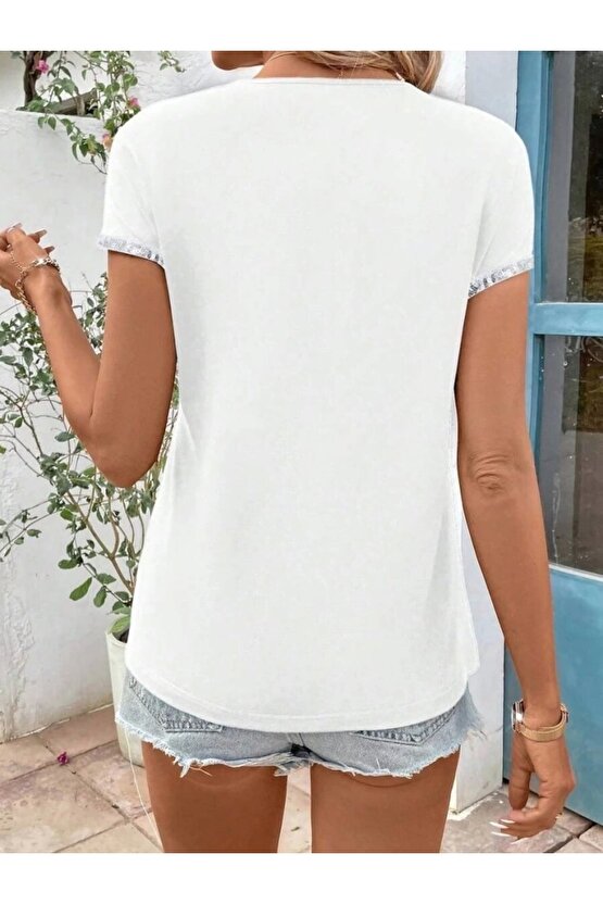 Kadın Kısa Kollu önden Fermuarlı Kol Ucu ışıltılı Viskon Bluz