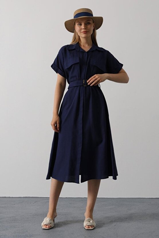 EQURİ Kuşaklı Cep Detaylı Yarım Kol Elbise - Lacivert