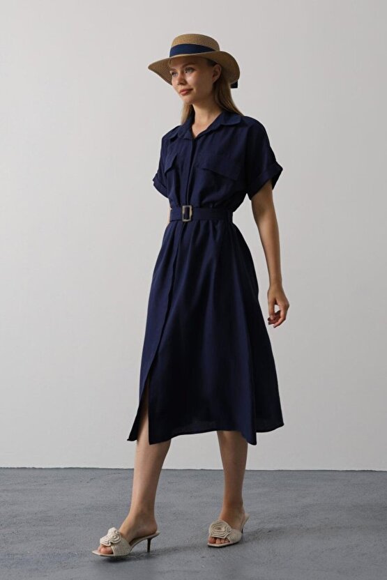 EQURİ Kuşaklı Cep Detaylı Yarım Kol Elbise - Lacivert