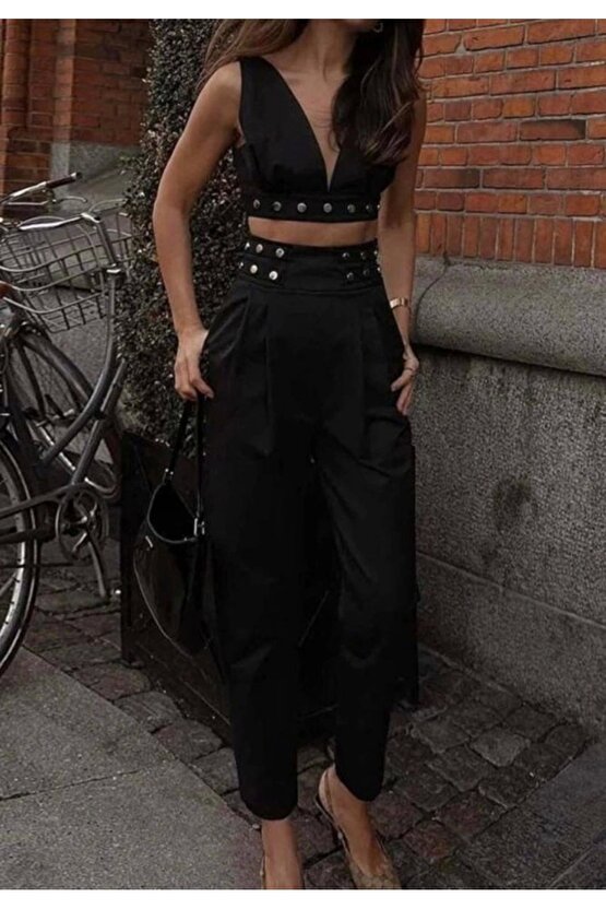 Kadın Double Krep Kumaş Düğme Aksesuar Detaylı Takım