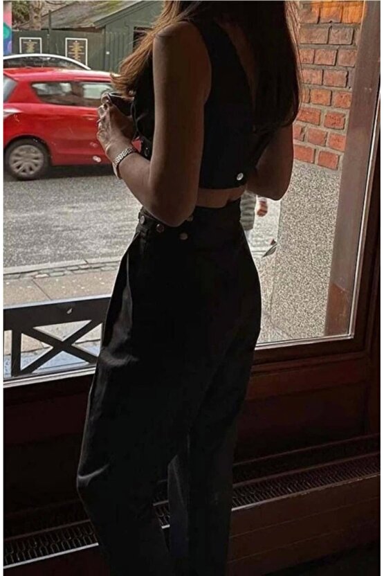 Kadın Double Krep Kumaş Düğme Aksesuar Detaylı Takım