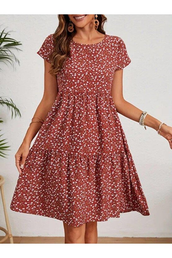 Kadın Kısa Kollu Bisiklet Yaka çiçek Desenli Süprem Elbise