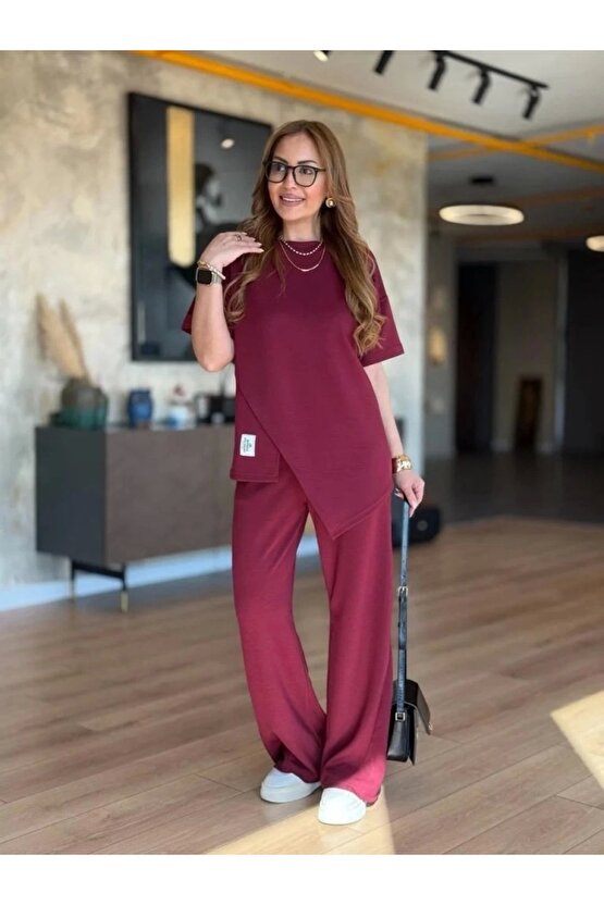 Kadın Kısa Kollu Bisiklet Yaka Asimetrik Viskon Iki Iplik Bluz Ve Pantolon Ikili Takım