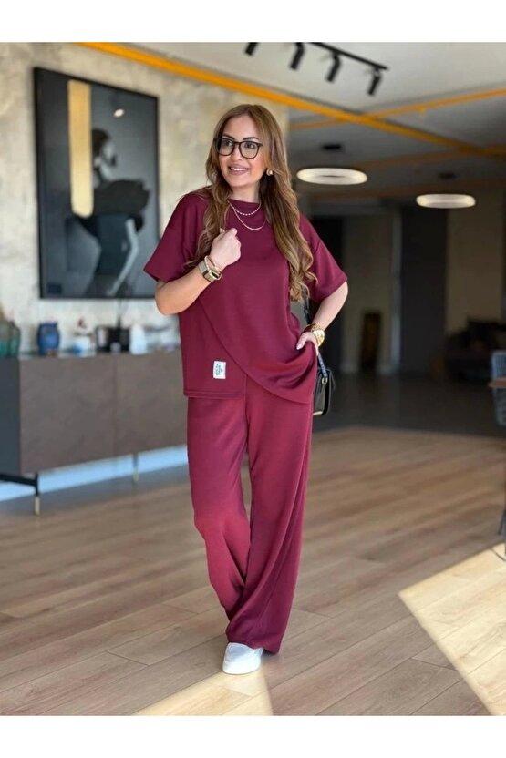 Kadın Kısa Kollu Bisiklet Yaka Asimetrik Viskon Iki Iplik Bluz Ve Pantolon Ikili Takım