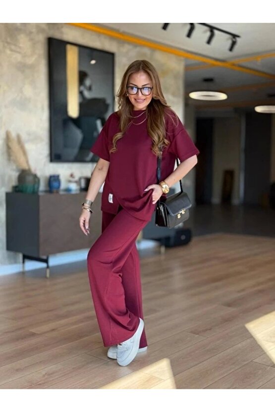 Kadın Kısa Kollu Bisiklet Yaka Asimetrik Viskon Iki Iplik Bluz Ve Pantolon Ikili Takım