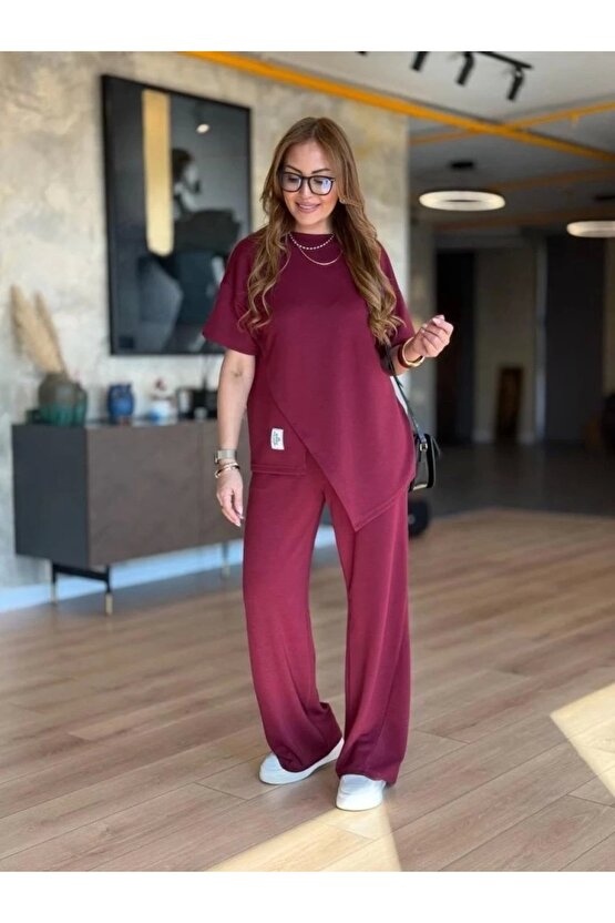 Kadın Kısa Kollu Bisiklet Yaka Asimetrik Viskon Iki Iplik Bluz Ve Pantolon Ikili Takım