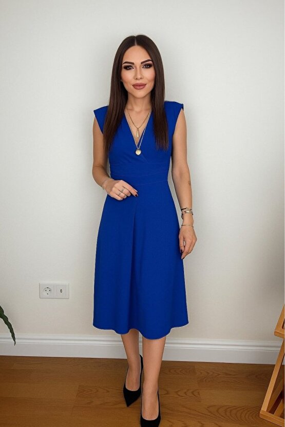 EQURİ Kadın Kısa Kollu Kruvaze Yakalı Bel Korsajı Buzgulu Midi Janjan Krep Elbise