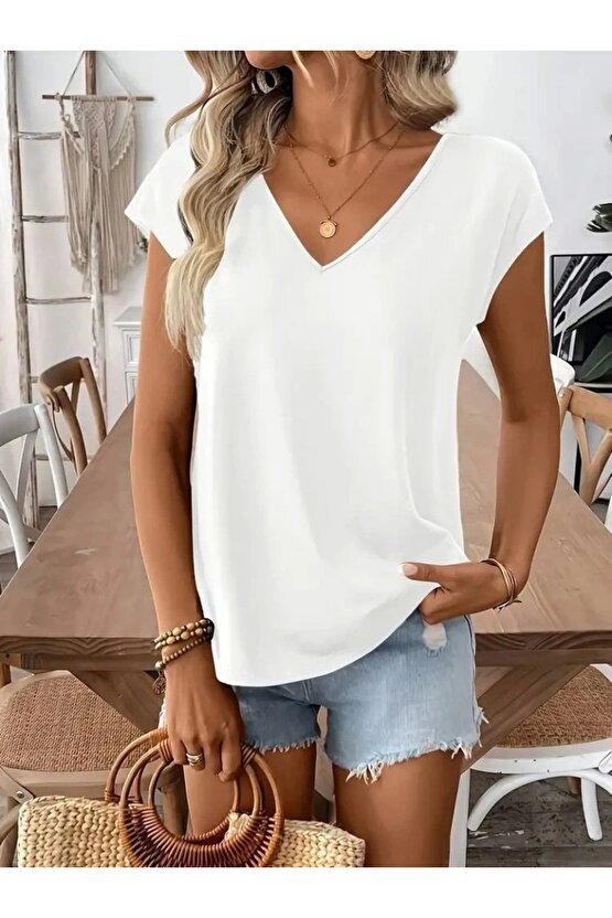 Kadın Kısa Kollu V Yakalı Arkadan Kurdele Detaylı Viskon Bluz