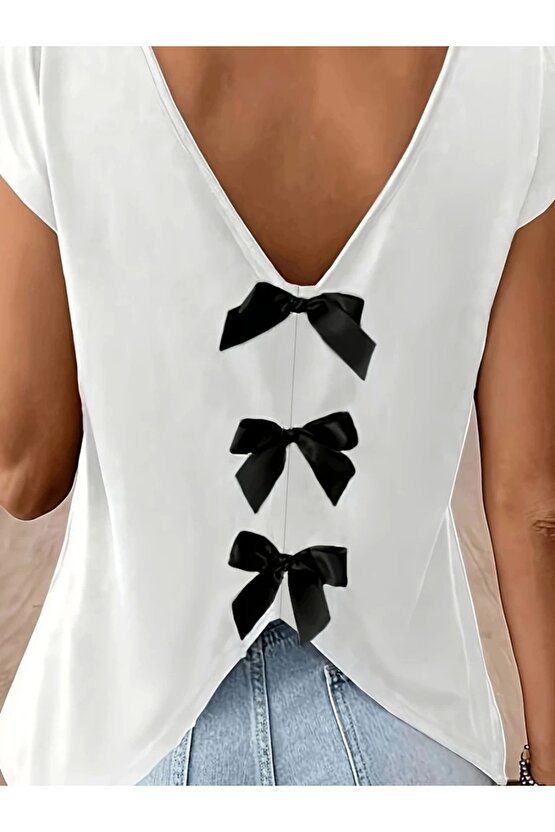 Kadın Kısa Kollu V Yakalı Arkadan Kurdele Detaylı Viskon Bluz