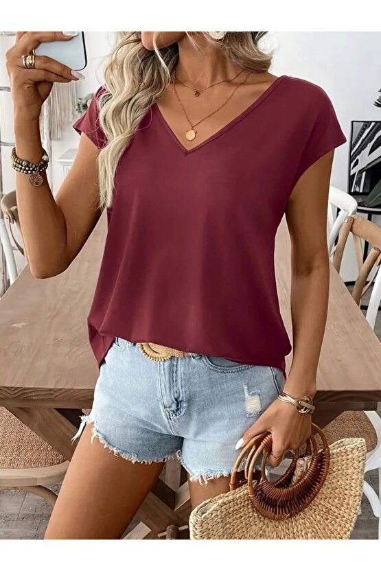 Kadın Kısa Kollu V Yakalı Arkadan Kurdele Detaylı Viskon Bluz