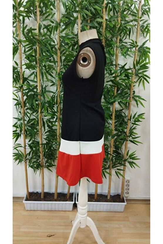 Kadın Sıfır Kol Yarı Balıkçı Yaka şerit Detaylı Ithal Krep Elbise