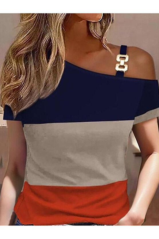 Kadın Kısa Kollu Tek Omuzu Açık Toka Detaylı çok Renkli Viskon Bluz