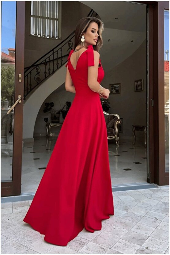 EQURİ Kadın Askılı Omuzdan Bağlamalı Kruvaze Yakalı Uzun Yırtmaçlı Janjan Krep Elbise