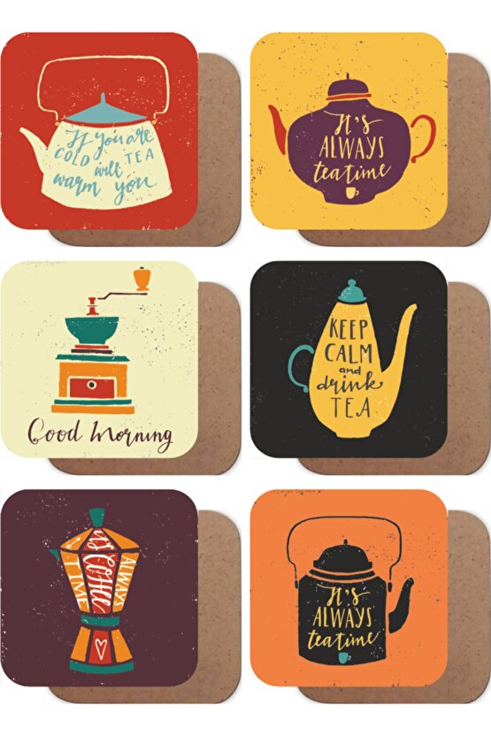 Çay Kahve Renkli 6lı Ahşap Bardak Altlığı Seti