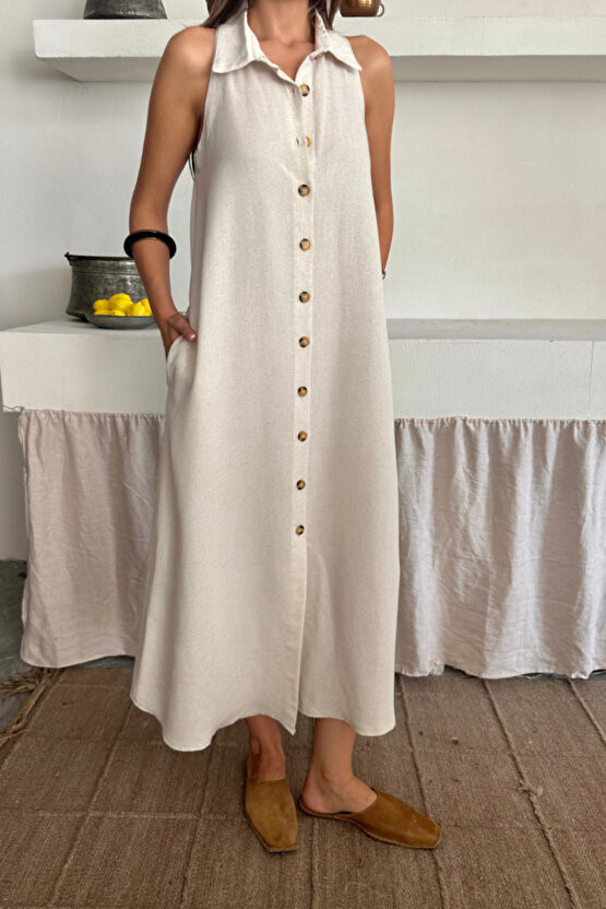 EQURİ KETEN ÖNDEN DÜĞMELİ KOLSUZ GÖMLEK YAKA ELBİSE - Beyaz