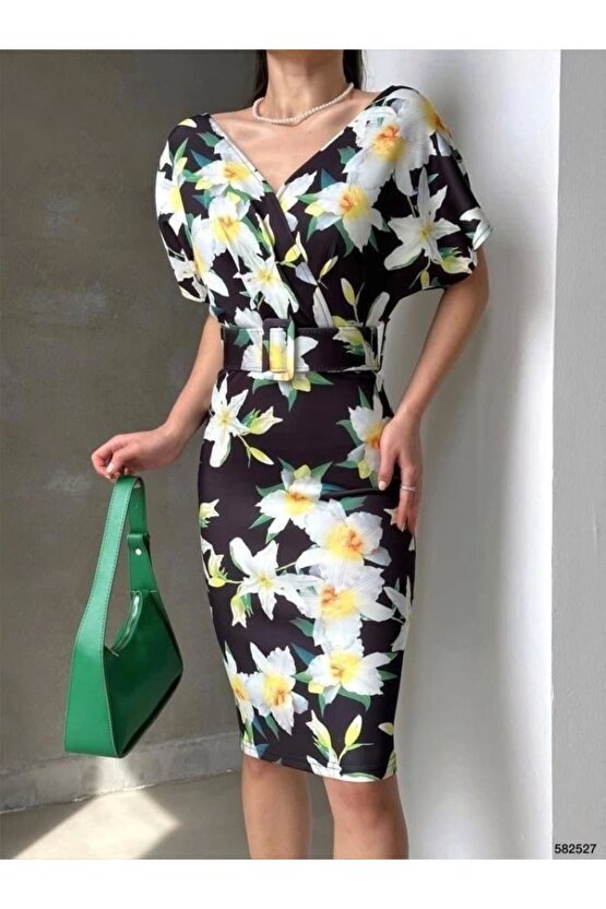 Kadın Dalgıç Kumaş V Yaka çiçek Desenli Kuşaklı Kalem Elbise