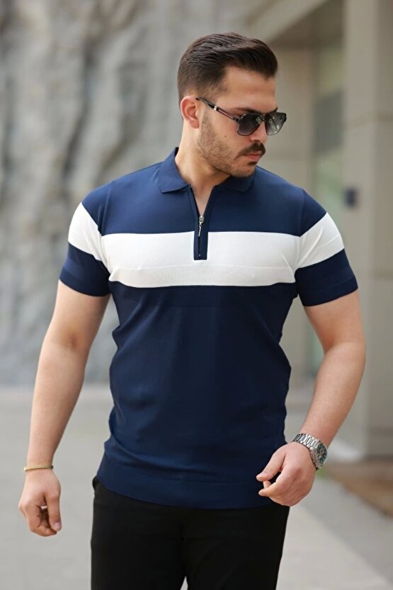 Erkek Fermuar Yakalı şerit Renk Desenli Kısa Kollu Tişört