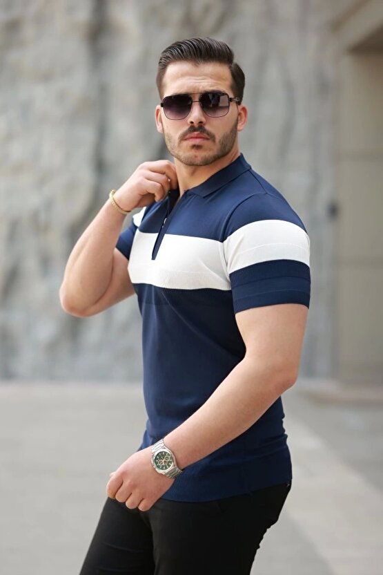 Erkek Fermuar Yakalı şerit Renk Desenli Kısa Kollu Tişört