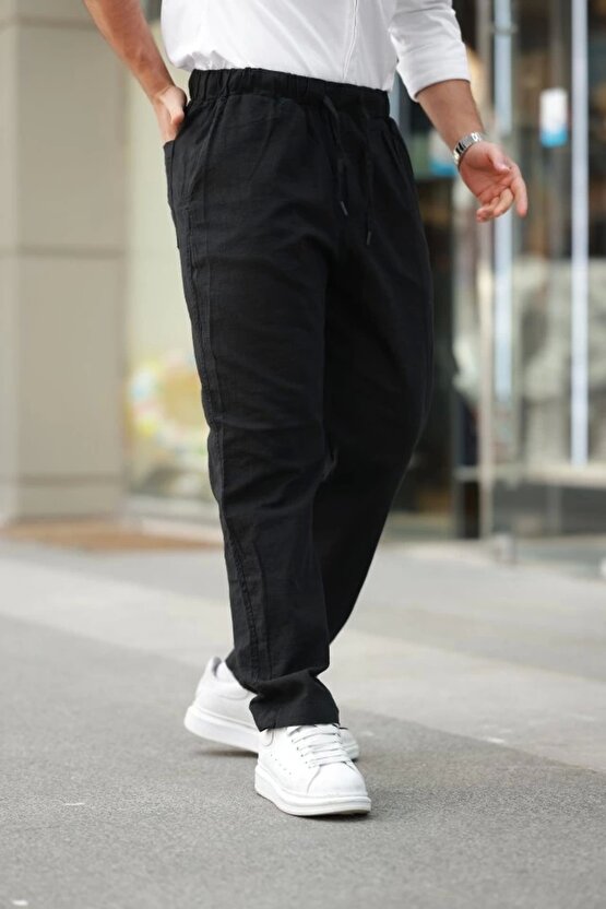 Erkek Beli Lastikli Keten Rahat Pantolon