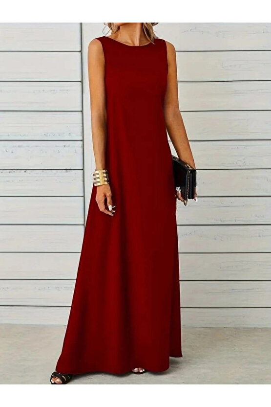 Kadın Kolsuz Kayık Yaka Maksi Janjan Krep Elbise