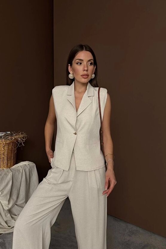 Bej Keten Yelek Pantolon Takım