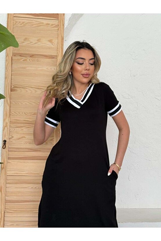 Kadın Kısa Kollu V Yaka Kol Ve Yaka Ribana Detay Midi Boy Viskon Elbise