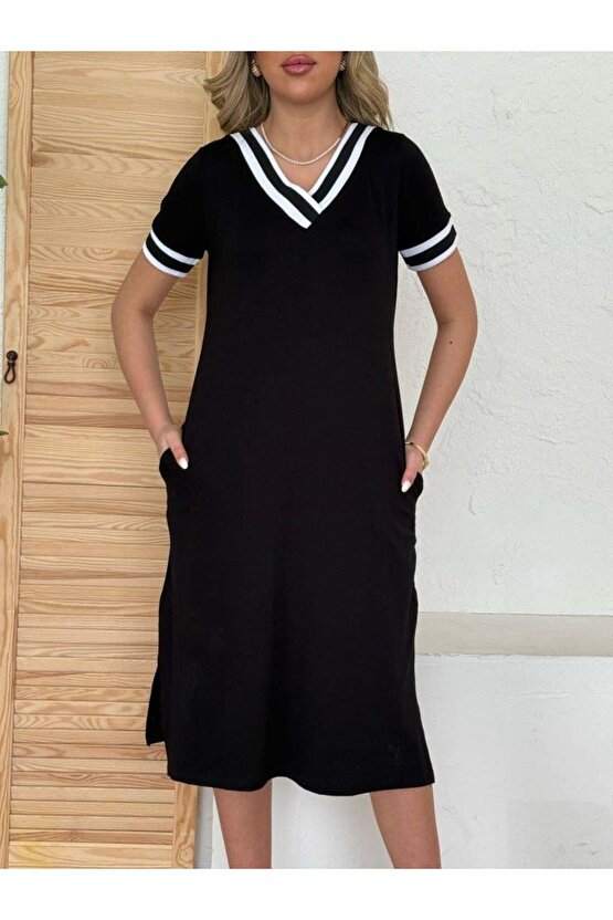 Kadın Kısa Kollu V Yaka Kol Ve Yaka Ribana Detay Midi Boy Viskon Elbise