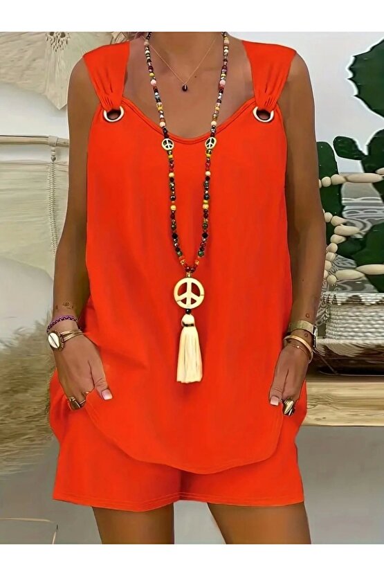 Kadın Kolsuz V Yaka Kuş Gözü Detay Bluz Short Aerobin Ikili Takım