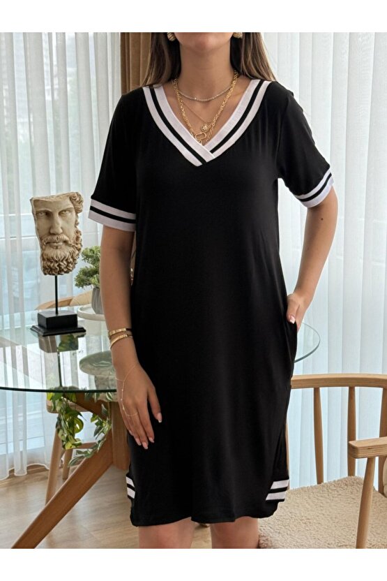 EQURİ Kadın Kısa Kollu V Yaka Ribana Detaylı Cepli Dizüstü Viskon Elbise